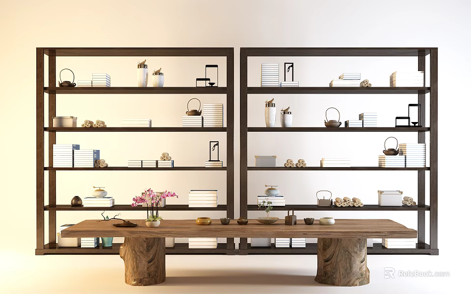 Modern Open Bookcases with Tea Sets Books Decorative Items and Wooden Table 3d model 