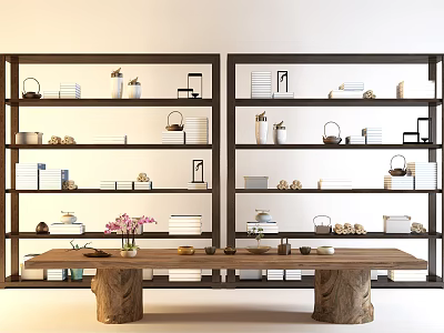 Modern Open Bookcases with Tea Sets Books Decorative Items and Wooden Table 3d model