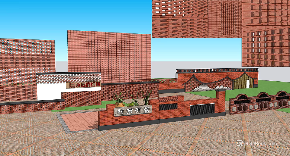 Red Brick Feature Wall With Perforated Pattern And Green Plants In Urban Plaza 3d model
