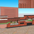 Red Brick Feature Wall With Perforated Pattern And Green Plants In Urban Plaza 3d model