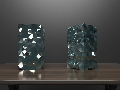 Geometric Glass Vases with Faceted Design in Turquoise Blue on Wooden Table Modern Decorative Pieces 3d model