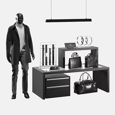 Elegant Men's Leather Bags Display With Showcase Counter And Accessories 3d model