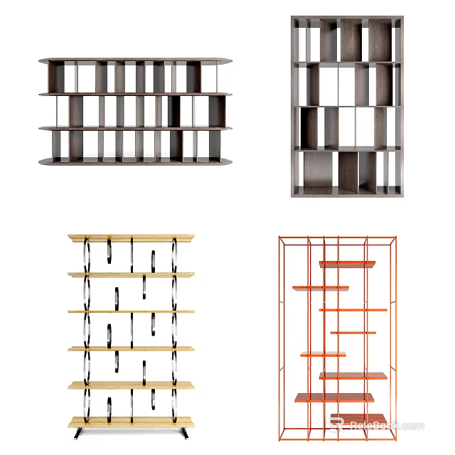 Modern Shelving Units With Diverse Designs Wooden Metal Frames And Colors 3d model 