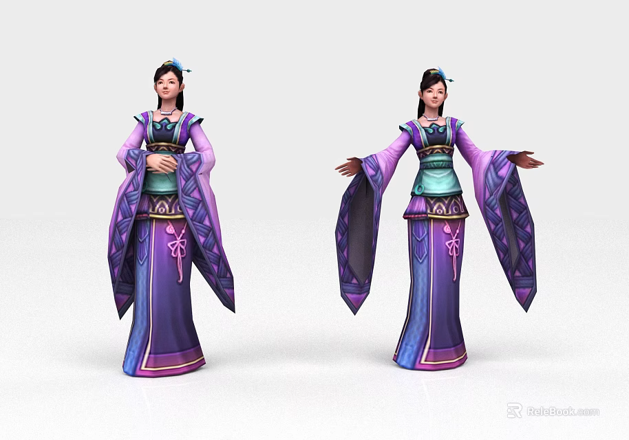 Elegant Game Movie Character in Traditional Purple Blue Costume with Wide Sleeves and Long Dress 3d model 