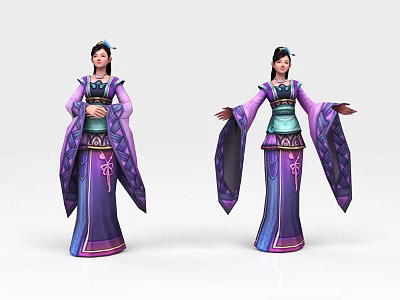 Elegant Game Movie Character in Traditional Purple Blue Costume with Wide Sleeves and Long Dress 3d model
