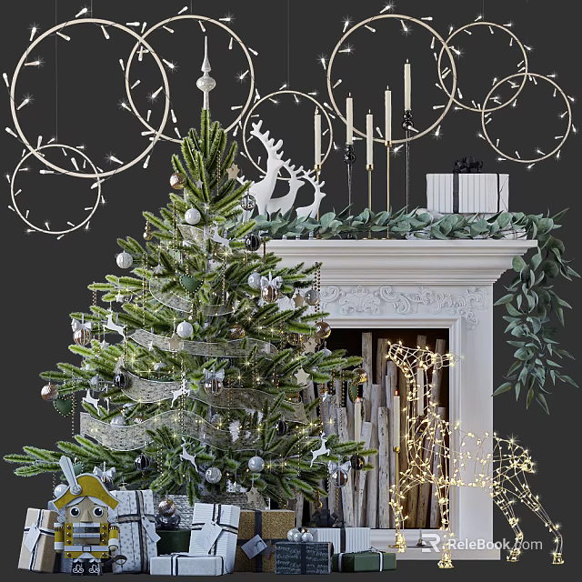 Festive Christmas Decoration Scene With Decorated Tree Fireplace Gifts And Garland Lights 3d model 