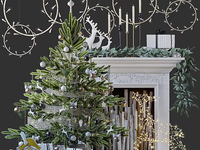 Festive Christmas Decoration Scene With Decorated Tree Fireplace Gifts And Garland Lights 3d model