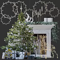 Festive Christmas Decoration Scene With Decorated Tree Fireplace Gifts And Garland Lights