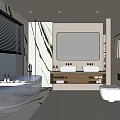 Modern Bathroom With Blue Glass Bathtub Double Sinks Marble Vanity Mirror Toilet And Window Blinds