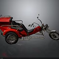 Striking Red Three Wheeled Motorcycle with Sidecar Black Seats and Metal Frame
