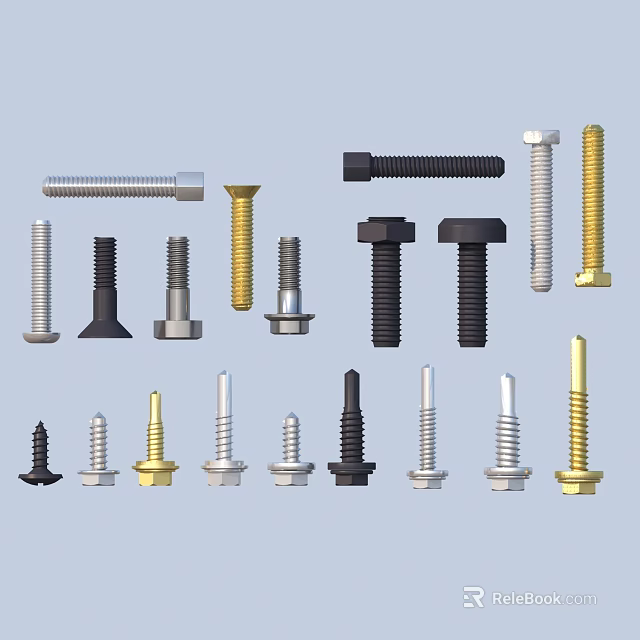 Assorted Metal Screws With Different Head Styles Sizes And Colors For Fastening 3d model