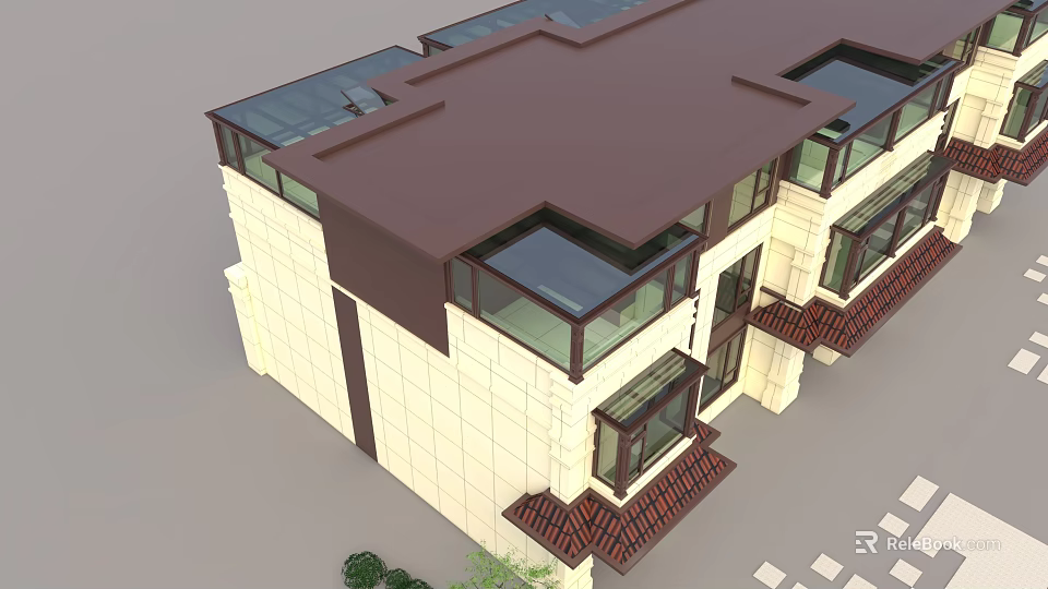 Modern Detached Villa Exterior With Brown Roof Glass Windows And Beige Walls 3d model 