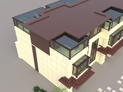 Modern Detached Villa Exterior With Brown Roof Glass Windows And Beige Walls 3d model