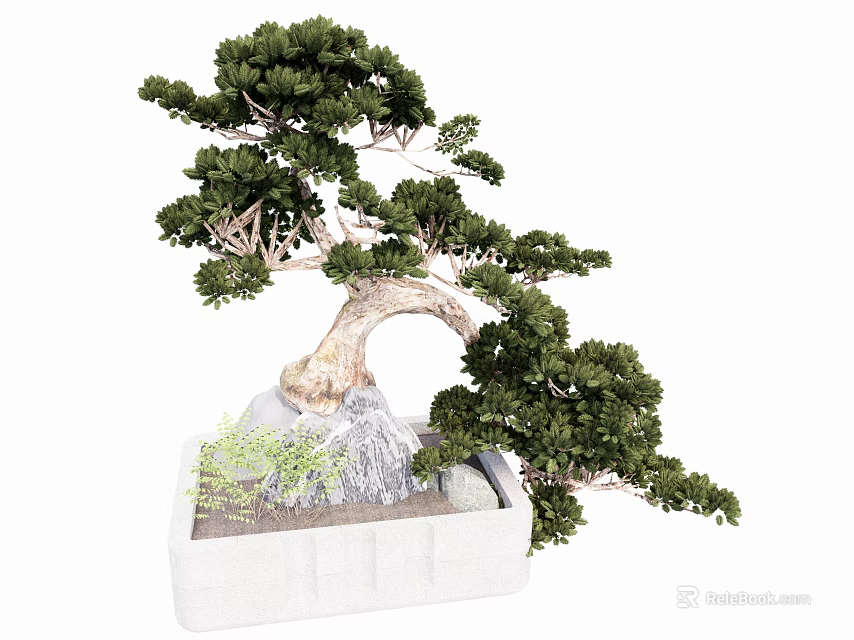 Artistic Bonsai Tree With Curved Trunk Green Foliage And Decorative Rocks In White Rectangular Pot 3d model 