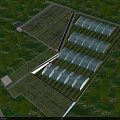 Scenic Garden Landscape with Glass Greenhouses Lush Trees Green Fields and Winding Pathways