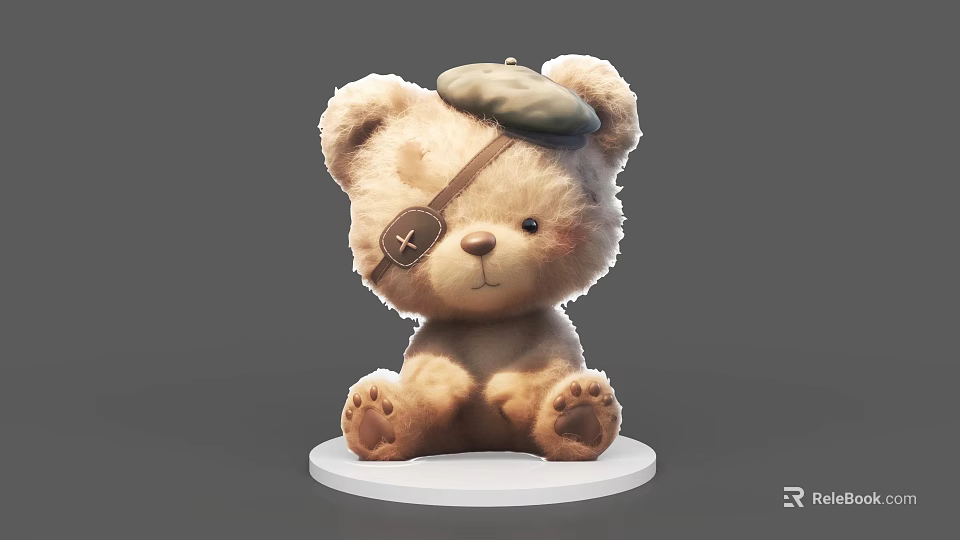 Brown Teddy Bear Doll With Gray Beret And Monocle Sitting On White Base 3d model 