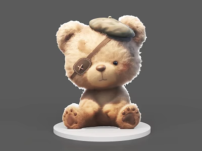 Brown Teddy Bear Doll With Gray Beret And Monocle Sitting On White Base 3d model