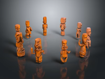 Scenic View Of Multiple Wooden Carvings Arranged On Dark Background 3d model