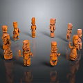 Scenic View Of Multiple Wooden Carvings Arranged On Dark Background