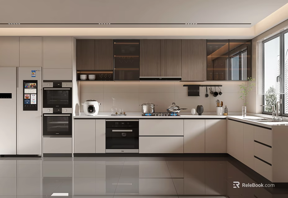 Modern Kitchen Interior With Light Gray Cabinets And Stainless Steel Appliances 3d model 