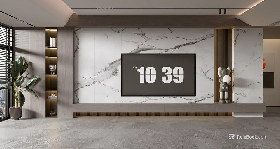 Modern TV Background Wall Interior Design With Marble Texture Black TV And Decorative Shelves 3d model 