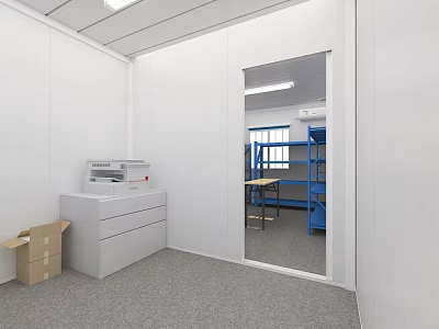 Bright Public Office Space with White Walls Ceiling Lights Printer White Cabinet and Blue Shelves 3d model