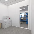 Bright Public Office Space with White Walls Ceiling Lights Printer White Cabinet and Blue Shelves