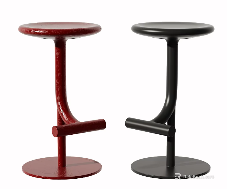 Modern Bar Stools with Red and Black Round Seats and Curved Metal Legs 3d model 