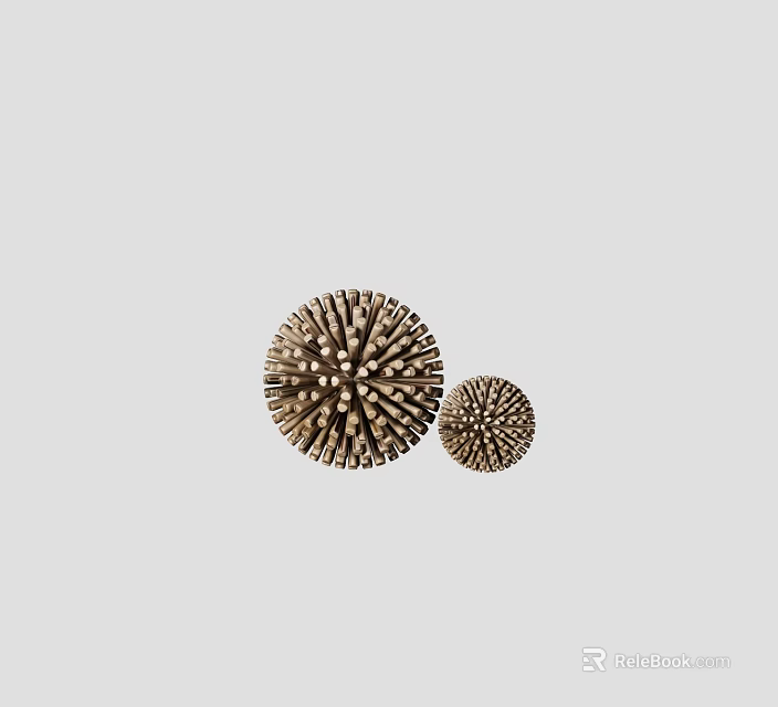 Sea Urchin Shaped Ornament Decoration Set Two Sizes Wooden Texture Spiky Details Light Gray Background 3d model 
