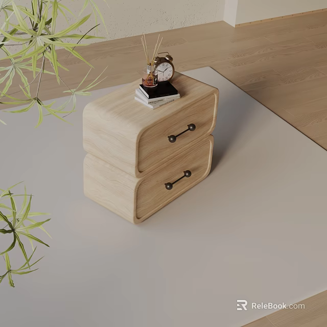 Wooden Side Table With Two Drawers Black Handles Alarm Clock And Green Plants 3d model 