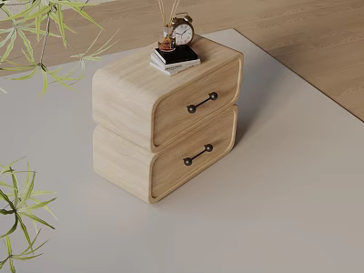 Wooden Side Table With Two Drawers Black Handles Alarm Clock And Green Plants 3d model