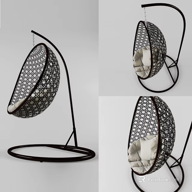 Modern Black Mesh Hanging Chair with Metal Frame and Comfortable Cushion 3d model 