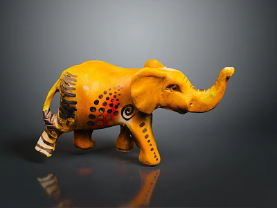 Yellow Elephant Decorative Sculpture with Colorful Patterns Black Dots and Spiral Designs 3d model