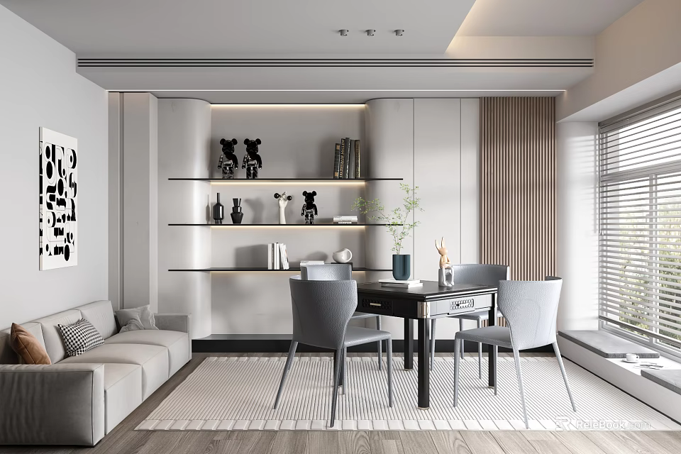 Elegant Modern Entertainment Room Interior With Comfortable Sofa Coffee Table And Decorative Shelves 3d model