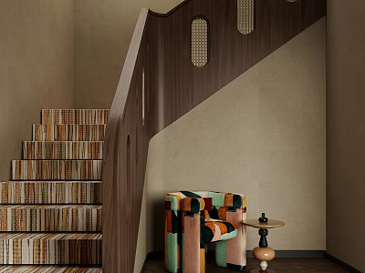Wooden Staircase With Books On Steps And Colorful Chair By Side Table Against Neutral Wall 3d model