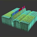 3D Rendered Terrain Featuring Green Vegetation Blue Water Channels and Orange Vertical Partition