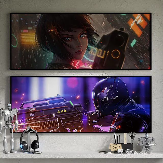 Futuristic Character Paintings with Sci Fi Neon Lights Weapon Designs and Vibrant Cyberpunk Backgrounds 3d model 