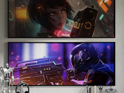 Futuristic Character Paintings with Sci Fi Neon Lights Weapon Designs and Vibrant Cyberpunk Backgrounds 3d model