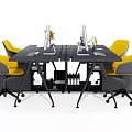Modern Office Desk Setup With Yellow Chairs Computers And Decorative Items 3d model