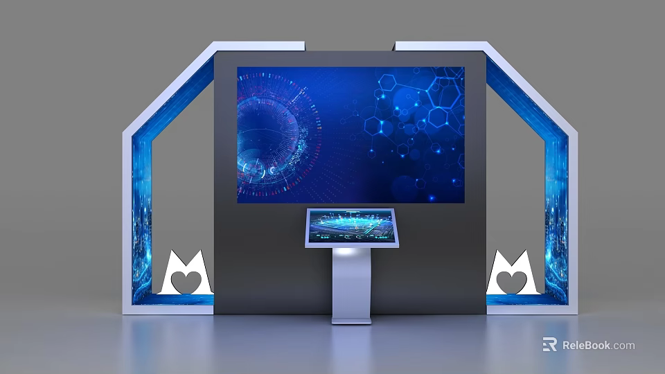 Modern Display Shelf with Large Screen Tech Graphics Blue Accents Touchscreen And Heart Shaped Logos 3d model 