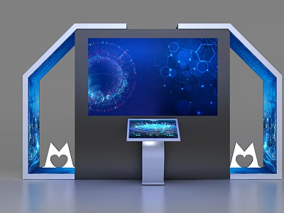 Modern Display Shelf with Large Screen Tech Graphics Blue Accents Touchscreen And Heart Shaped Logos 3d model