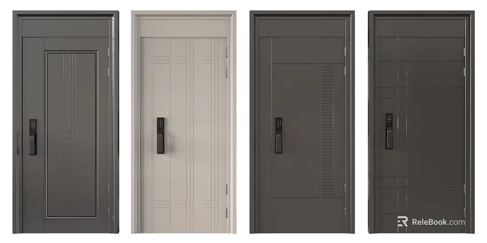 Modern Security Doors With Various Colors Black Handles And Panel Designs 3d model