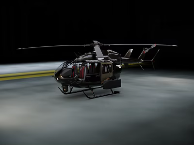 Helicopter Parked On Ground With Yellow Lines In Dark Low Light Environment 3d model