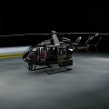 Helicopter Parked On Ground With Yellow Lines In Dark Low Light Environment