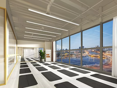 Spacious Yoga Fitness Studio With Neatly Arranged Mats And Large City View Windows 3d model