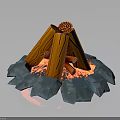 Campfire Scene Composition With Wooden Logs Burning Flames And Blue Stones Base