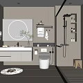 Modern Bathroom Interior Design With Round Mirror Vanity Glass Shower And Light Tiles