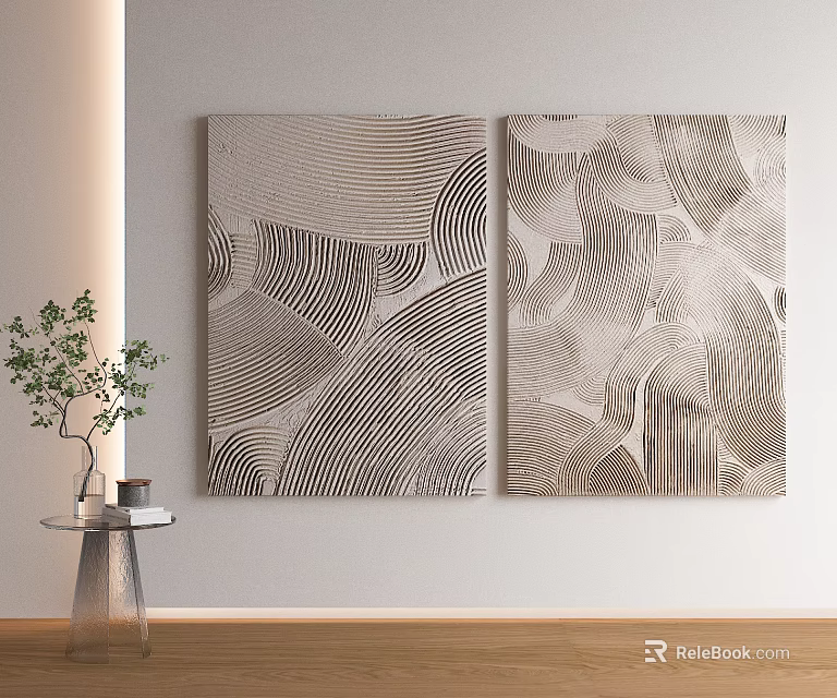 Two Abstract Wall Paintings With Wavy Patterns And Green Plant Decor 3d model