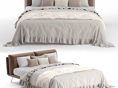 Modern Double Bed With Light Gray Ruffled Bedspread And Decorative Pillows And Brown Upholstered Headboard 3d model