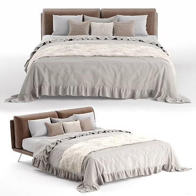 Modern Double Bed With Light Gray Ruffled Bedspread And Decorative Pillows And Brown Upholstered Headboard 3d model